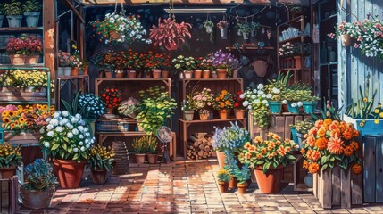 A painting of a flower shop with a variety of flowers displayed outdoors.