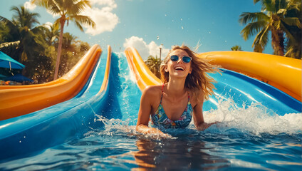 Portrait of a beautiful girl in a water park in summer - obrazy, fototapety, plakaty