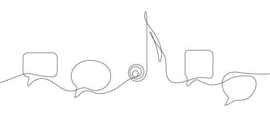 Musical note with bubble speech in continuous line style.