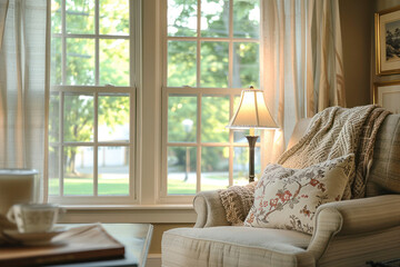 Living Room Setup With a Double Hung Windows and Cozy Armchair With Blanket and Pillow