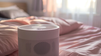 an air purifier placed in a well-lit bedroom. Air purifiers help remove allergens and pollutants, enhancing air quality. - obrazy, fototapety, plakaty