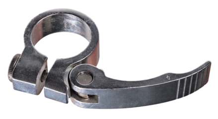 Metal bicycle clamp for attaching the saddle to a bicycle. Isolated background.