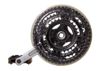 Bicycle crank and large sprocket on isolated background.