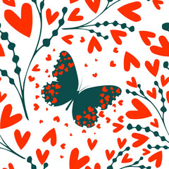 Seamless background of twigs and hearts with a butterfly. Not AI. Happy Valentine's Day. Vector illustration.