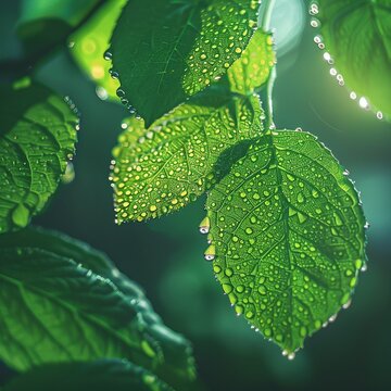 A close-up of dew-kissed green leaves basking in sunlight , Digital art style with high resolution