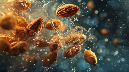 A handful of roasted nuts captured in a sudden burst of sparkling water - obrazy, fototapety, plakaty