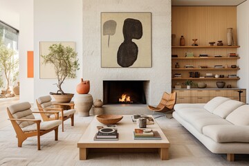 Stylish Living Room with Fireplace and Earth Tones, Abstract Wall Art