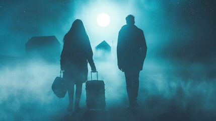 The dark night creates an eerie backdrop as travelers with luggage make their way to the house amid the fog under the ghostly moonlight.