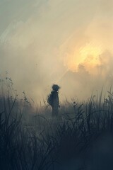 A preteen walker hunting in a misty field at dawn