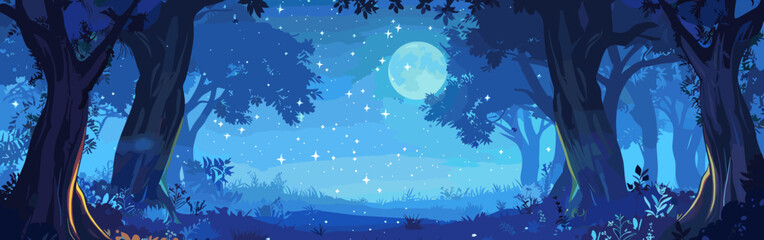 Copy space background magical forest at night vector cartoon illustration