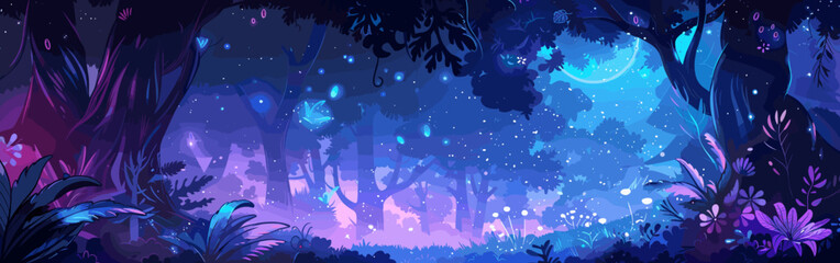 Fototapeta na wymiar Copy space background magical forest at night vector cartoon illustration