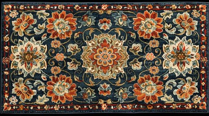   A detailed view of a rug displays its floral motif in the center The bottom showcases a red, white, and blue flower design