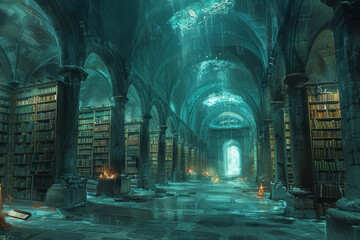 mystical ancient library with towering bookshelves, stone pillars and magical aura