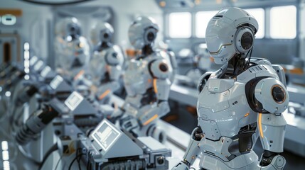 Fototapeta premium An advanced robotics lab with AI-driven androids performing tasks.