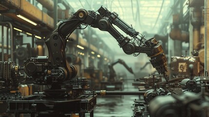 An industrial robot arm handling the assembly of complex machinery - obrazy, fototapety, plakaty