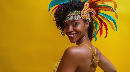 Brazilian samba dancer in costume with feathers. Carnival celebration concept. Design for poster, festival promotion.