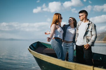 A group of three young friends sharing a joyful moment together while standing in a boat on a clear sunny day, embodying fun and friendship.