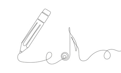 Pencil with musical note in continuous line style. Audio message motion.