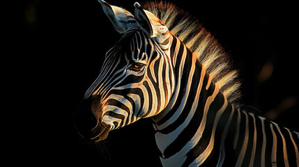   A tight shot of a zebra's head, sun illuminating its nape