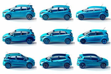 Blue city car in different types on a white background. Family hatchback 3D avatars set vector icon, white background, black colour icon - obrazy, fototapety, plakaty