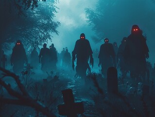 Illustrate a menacing undead army emerging from a foggy graveyard at midnight in a bold, photorealistic style Capture eerie details like glowing red eyes and tattered cloaks , 3D Abstract Animation - obrazy, fototapety, plakaty