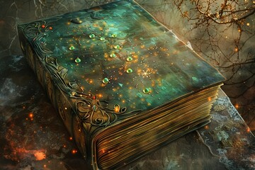 Mystical binding of an ancient spell book with quaint, colorful illustrations