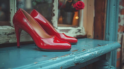 Red Colour Shoes on Table,
A red shoe with a black heel and the word " st. " on the bottom.
