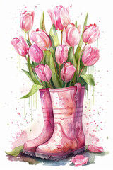 Pink rain boot with floral pink tulips bouquet, white background