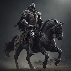 Cavaliere nero in armatura su cavallo corazzato, antichi giochi da giostra