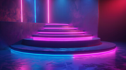 Podium with neon lighting. Scene for perfomance - obrazy, fototapety, plakaty