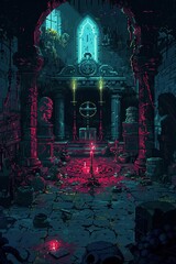 Unleash the dark allure of forbidden magic in a pixel art masterpiece, depicting a secret chamber filled with mystical artifacts and glowing runes, creating an atmosphere of danger and intrigue 