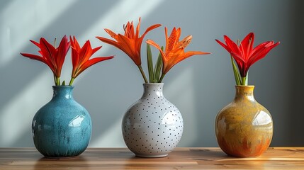   Three vases arranged on a wooden table