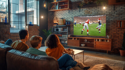 The family is watching an American football match on TV, celebrating the victory in a cozy living room with brick walls and modern furniture