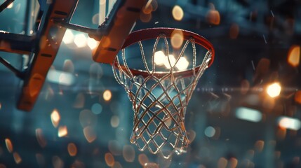 Fototapeta na wymiar A closeup of a basketball falling through the net to score points