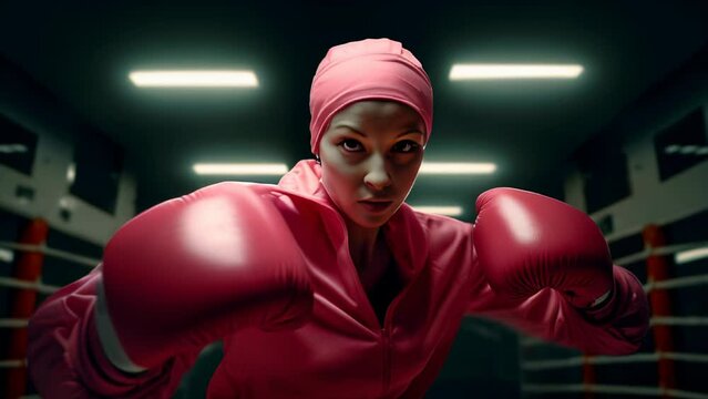 A woman in a pink hoodie is boxing. The image is meant to convey the idea of strength and determination