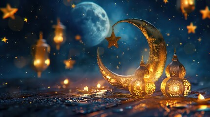 Illustration on the theme of Ramadan. An oriental carved lamp stands against the background of the golden moon and the starry sky. 3D . High detailed realistic illustration. - obrazy, fototapety, plakaty