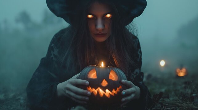 scary Halloween witch with glowing eyes holding a carved pumpkin lantern. 