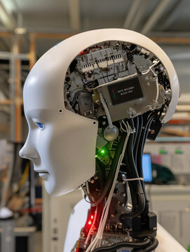 Dans un laboratoire de robotique, une vue sur la boîte noire insérée dans le côté gauche de la tête d'un robot humanoïde.