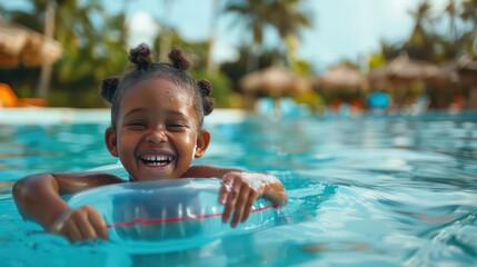 Joyful laughing smiling excited child in the pool swimming on a swimming ring