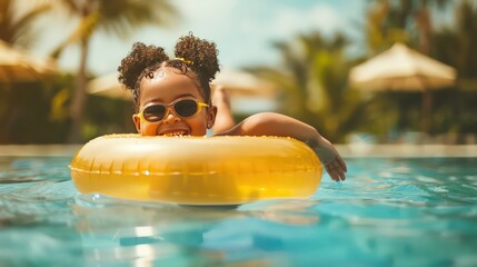 Joyful laughing smiling excited child in the pool swimming on a swimming ring - obrazy, fototapety, plakaty