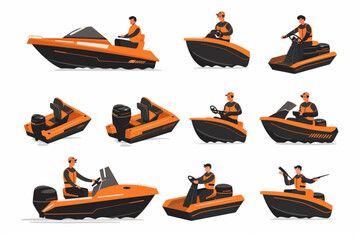 Boat trip. Recreation. The man controls the boat. Vector illustr 3D avatars set vector icon, white background, black colour icon
