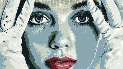 A striking collage portrait woman, pieced together from newspaper snippets, splashes of red paint, conveys a strong message about media and identity. Fake Newspaper effect background halloween vibe.