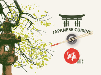 Vector banner or menu with calligraphic inscription Sushi and chopsticks on bowl with soy sauce on light background with tree branches and stone lantern. Japanese cuisine. Hieroglyph Sushi. - 788766688