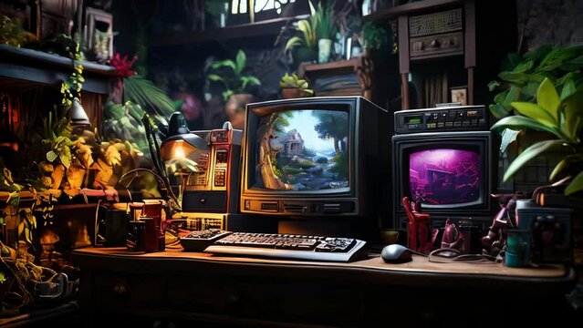 Old stylish vintage retro personal computer for video games and work poster from the 80s 90s