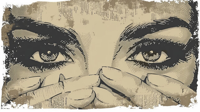 A striking collage portrait woman, pieced together from newspaper snippets, splashes of red paint, conveys a strong message about media and identity. Fake Newspaper effect background halloween vibe.