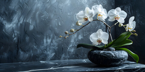 Beautiful tropical white phalaenopsis orchid in black stone pot on dark marble wall background with copy space. Spa center environment, home or office interior, relaxation and wellness concept. - obrazy, fototapety, plakaty