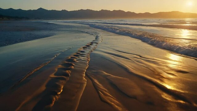 Sunrise or sunset, sand on bay and the mountain wonderful sun shines