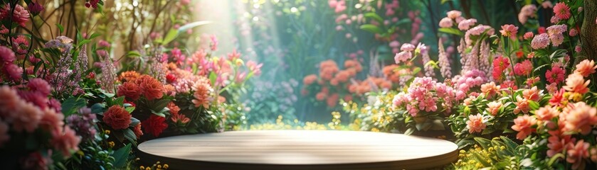 A blank round pedestal surrounded by beautiful flowers in a magical garden, soft tones, fine details, high resolution, high detail, 32K Ultra HD, copyspace - obrazy, fototapety, plakaty