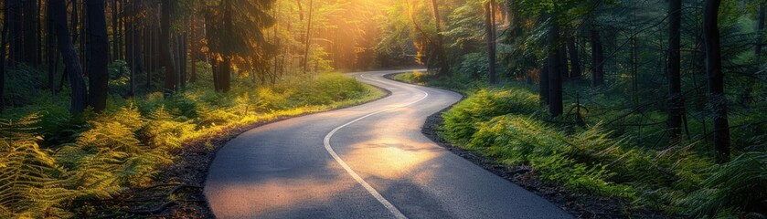 Fototapeta premium Curved road through lush green forest with golden sunlight streaming through trees