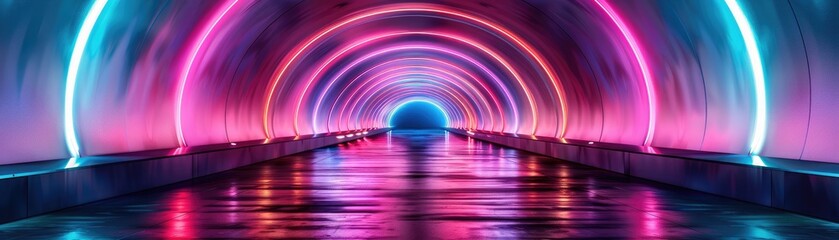 A neon-lit tunnel creating an illusion of endless light and color, soft tones, fine details, high resolution, high detail, 32K Ultra HD, copyspace